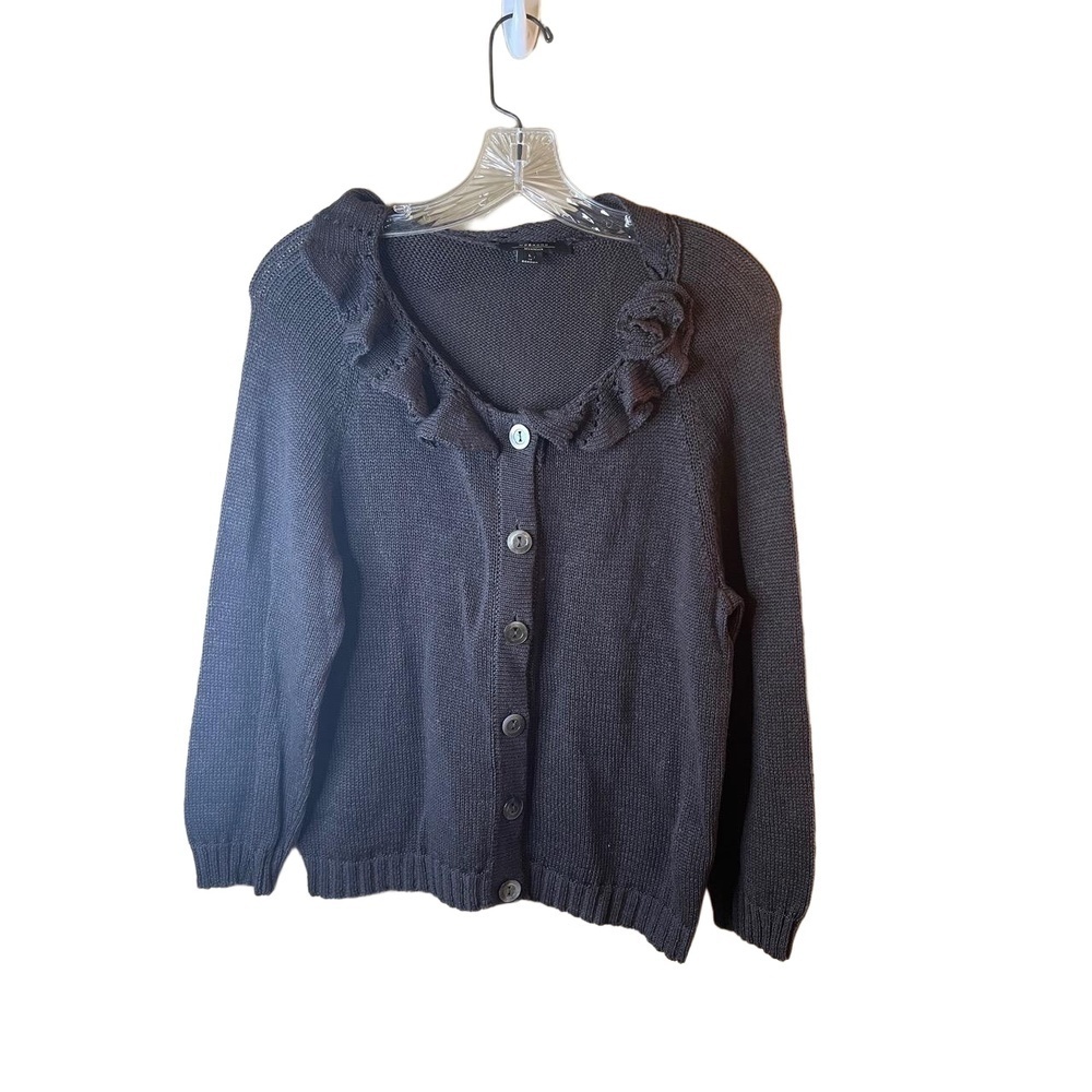 MaxMara Weekend Dark Brown Ruffled Neckline Long Sleeve Button Up Cardigan Large